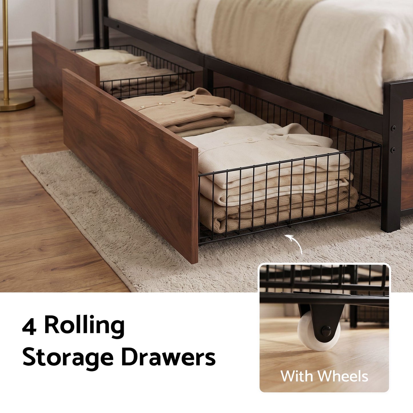 Giada Bed Frame with Charging Station 4 Drawers Storage - Oak Queen