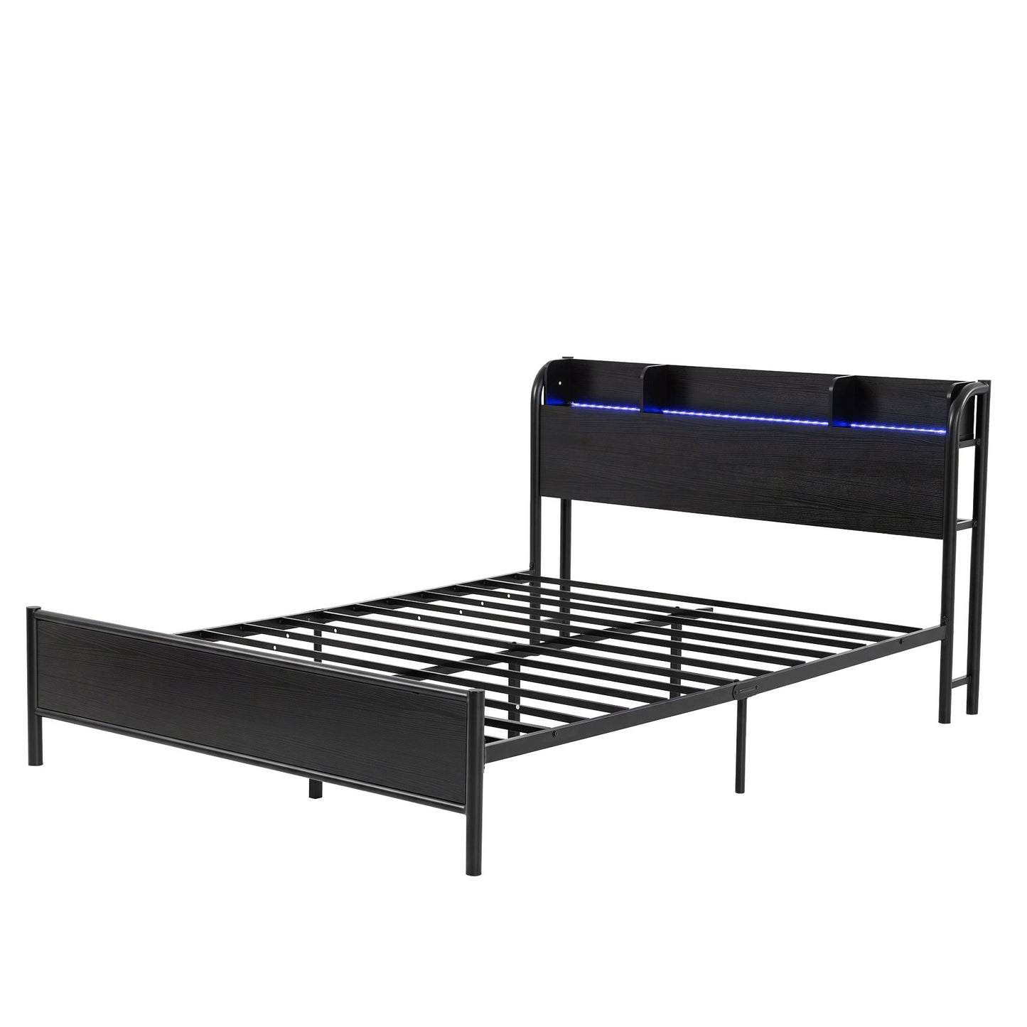 Arvela Bed Frame with Storage Shelf Headboard Charging Station LED - Black Double