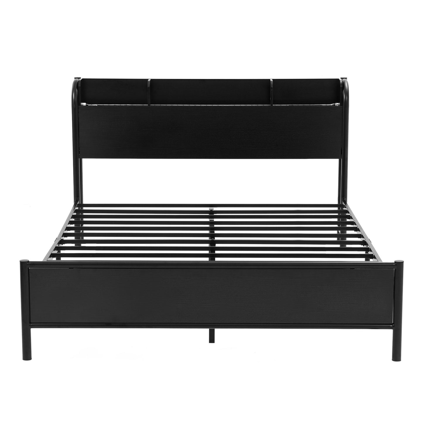 Arvela Bed Frame with Storage Shelf Headboard Charging Station LED - Black Queen