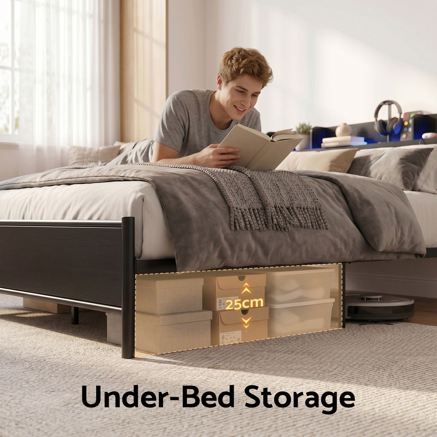 Arvela Bed Frame with Storage Shelf Headboard Charging Station LED - Black Queen