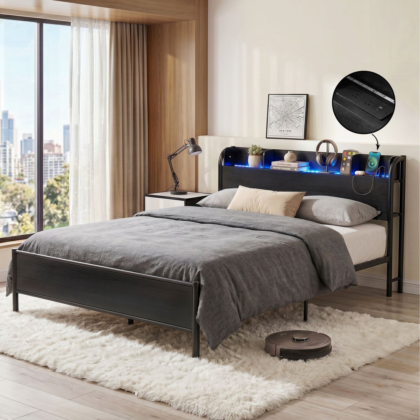 Arvela Bed Frame with Storage Shelf Headboard Charging Station LED - Black Queen