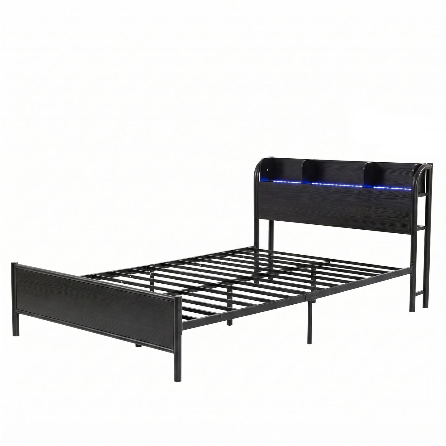 Arvela Bed Frame with Storage Shelf Headboard Charging Station LED - Black Single