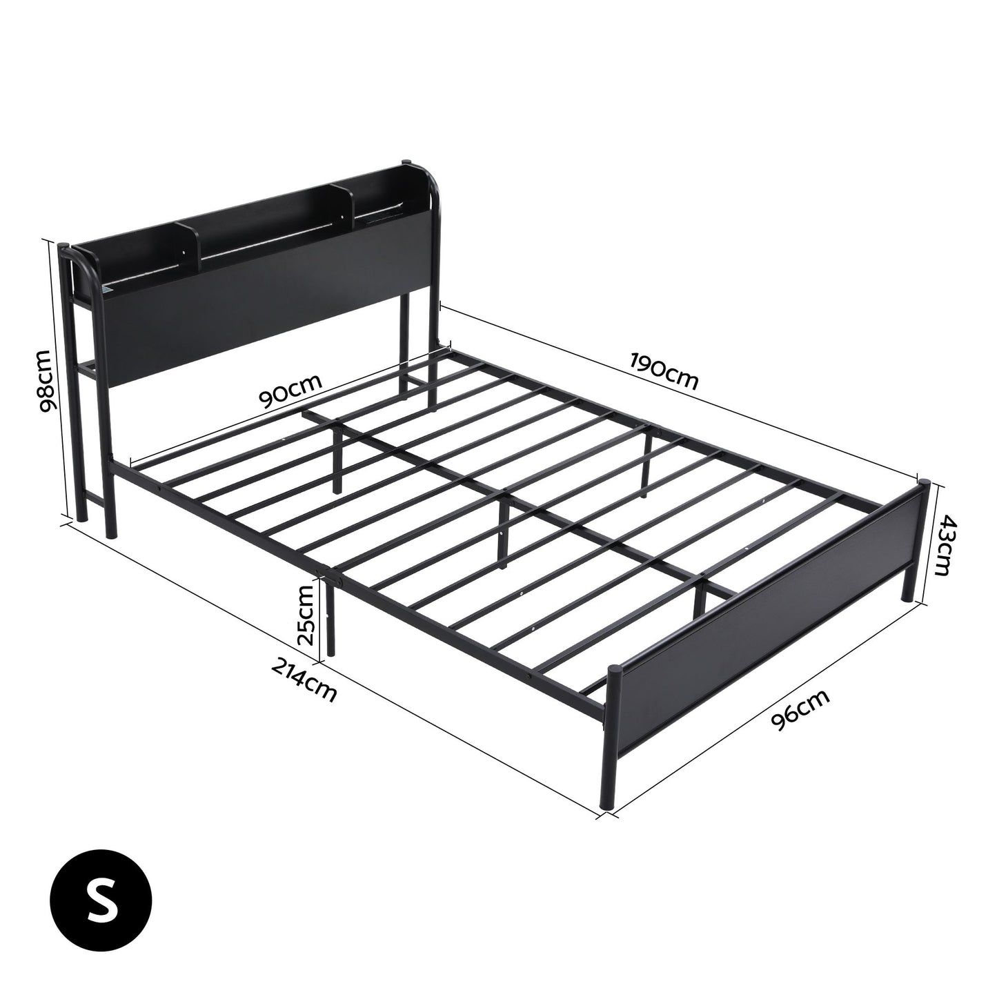 Arvela Bed Frame with Storage Shelf Headboard Charging Station LED - Black Single