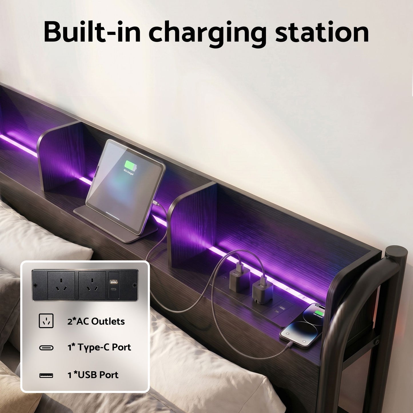 Arvela Bed Frame with Storage Shelf Headboard Charging Station LED - Black Single