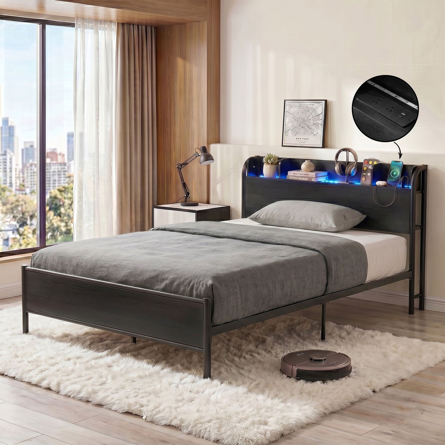 Arvela Bed Frame with Storage Shelf Headboard Charging Station LED - Black Single