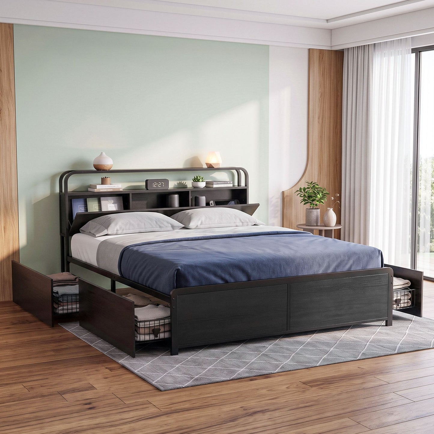 Leone Metal Bed Frame 4 Drawers Hidden Storage Headboard - Black King