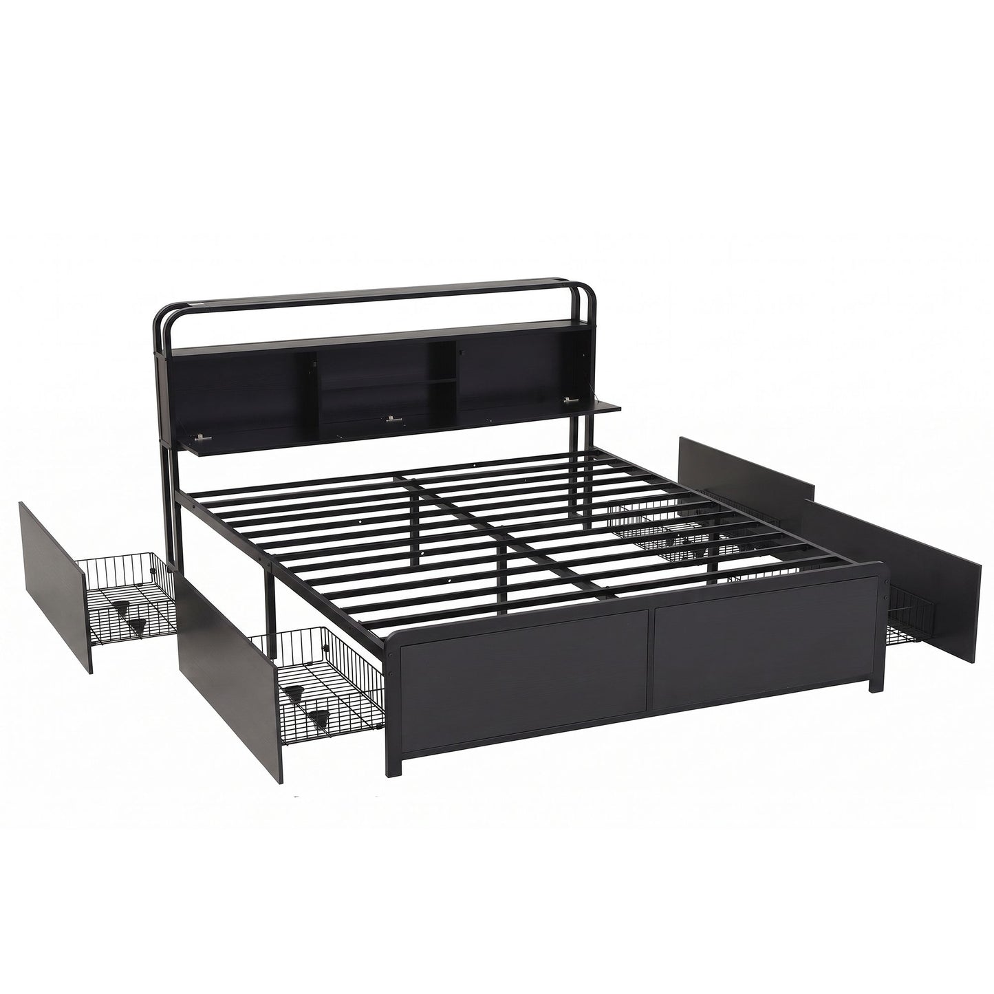 Leone Metal Bed Frame 4 Drawers Hidden Storage Headboard - Black King