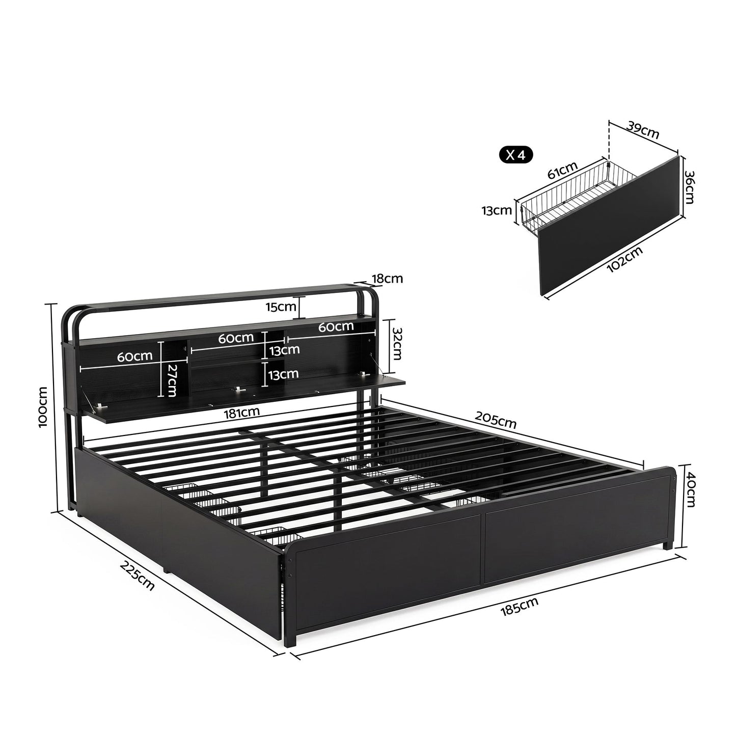 Leone Metal Bed Frame 4 Drawers Hidden Storage Headboard - Black King