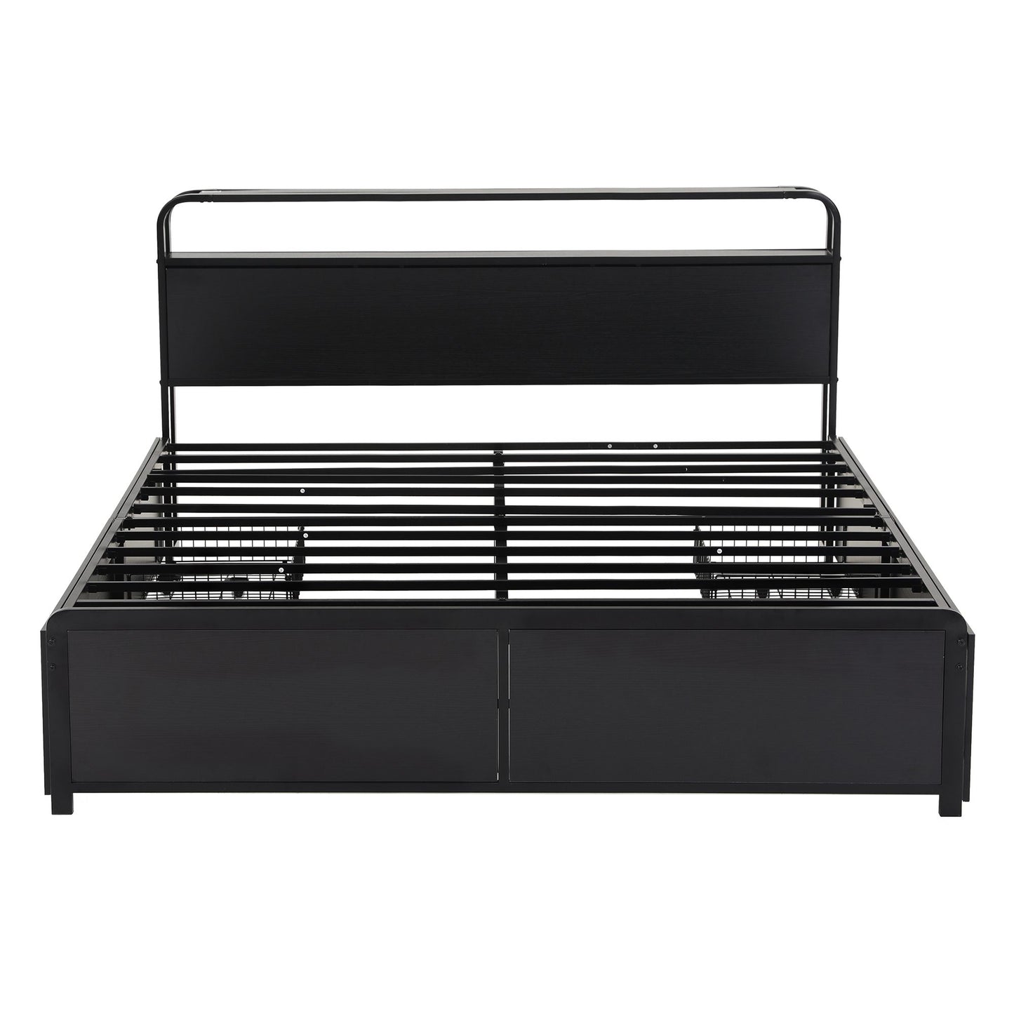 Leone Metal Bed Frame 4 Drawers Hidden Storage Headboard - Black King