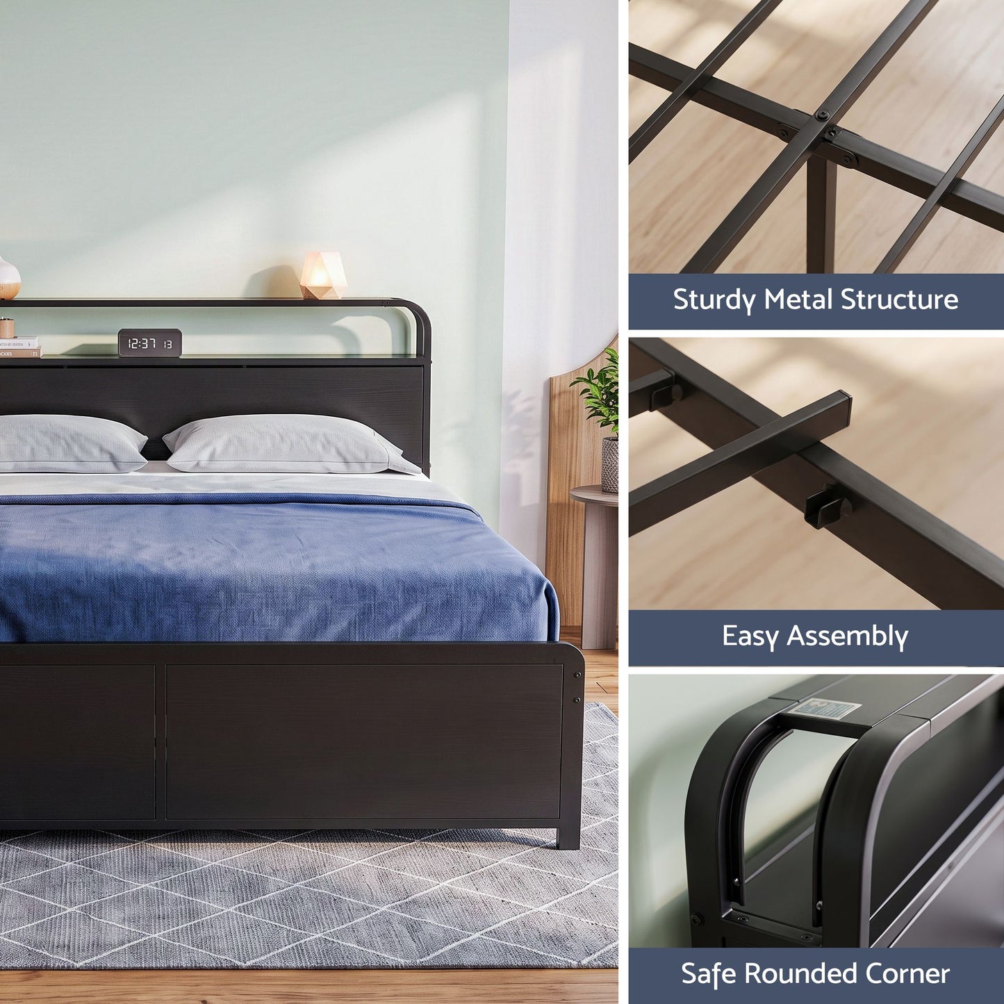 Leone Metal Bed Frame 4 Drawers Hidden Storage Headboard - Black King