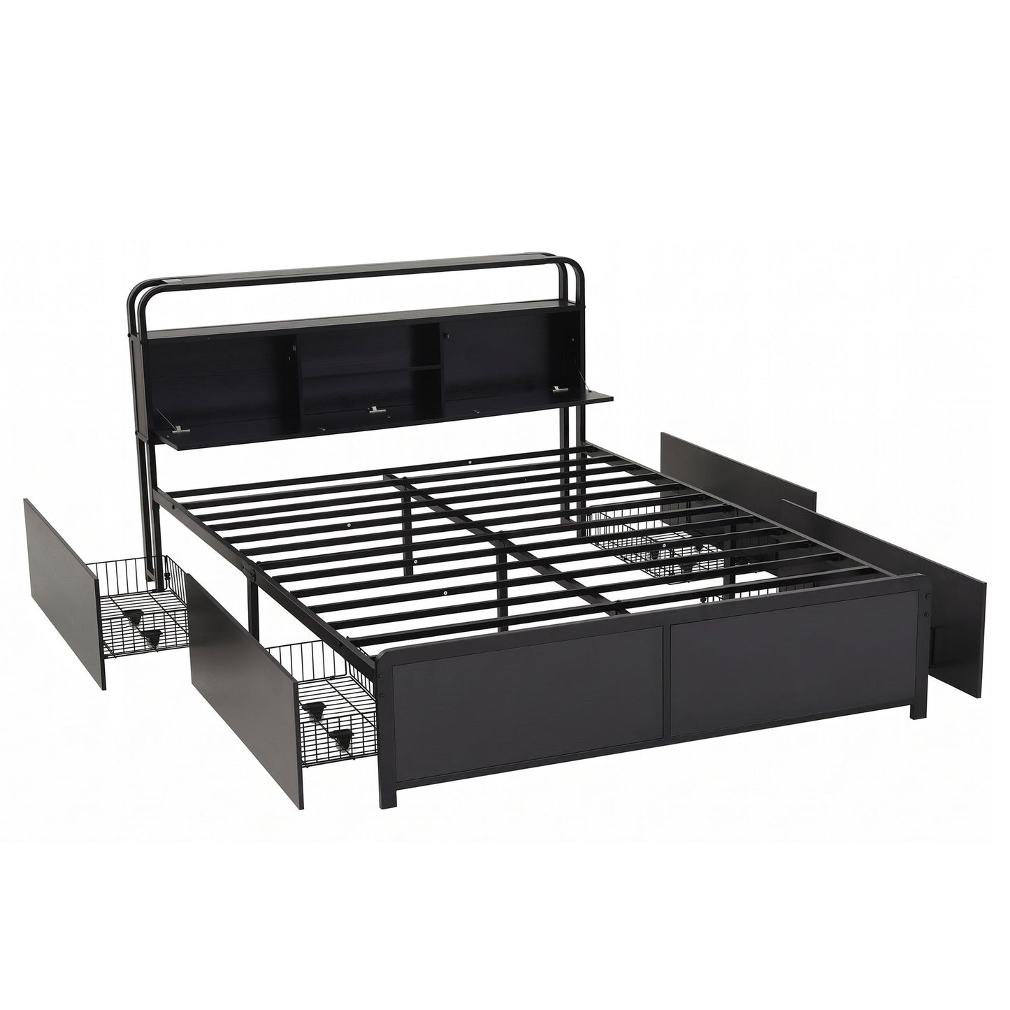 Leone Metal Bed Frame 4 Drawers Hidden Storage Headboard - Black Queen