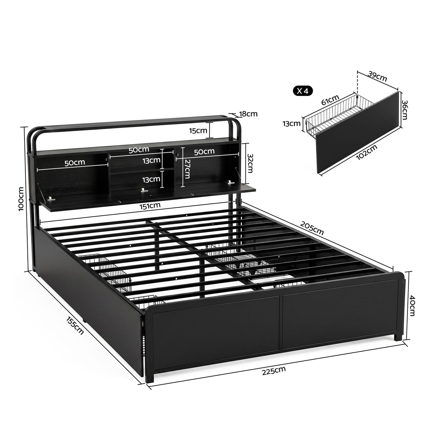 Leone Metal Bed Frame 4 Drawers Hidden Storage Headboard - Black Queen
