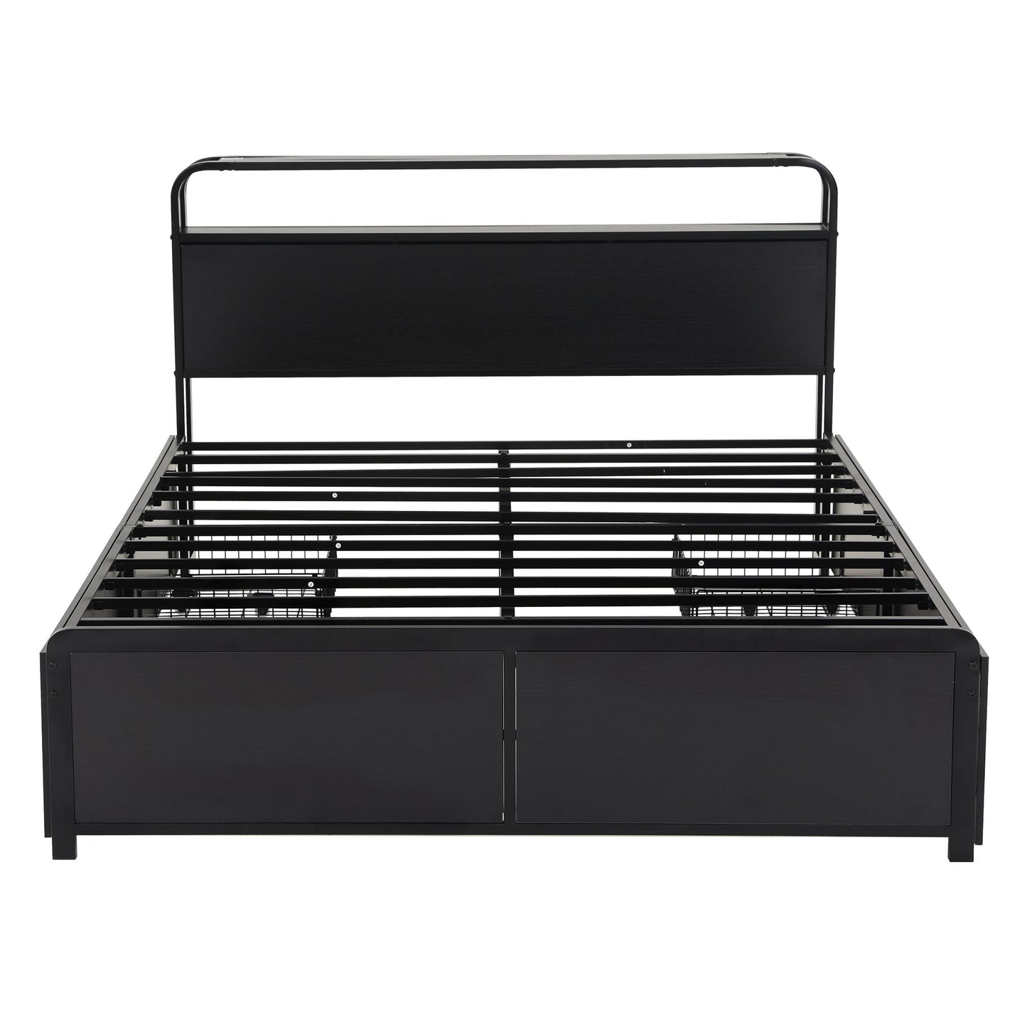 Leone Metal Bed Frame 4 Drawers Hidden Storage Headboard - Black Queen