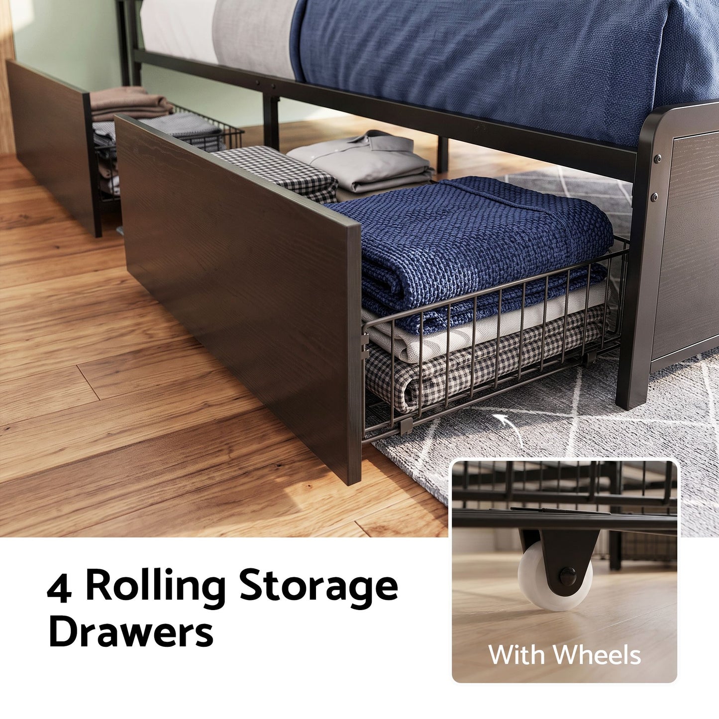 Leone Metal Bed Frame 4 Drawers Hidden Storage Headboard - Black Queen