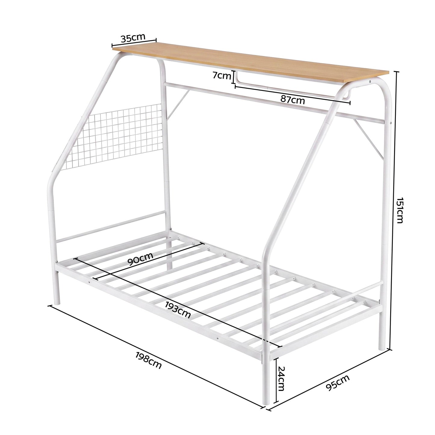 Evren House Kids Bed Frame Metal Canopy Bed Storage Shelf - White Single
