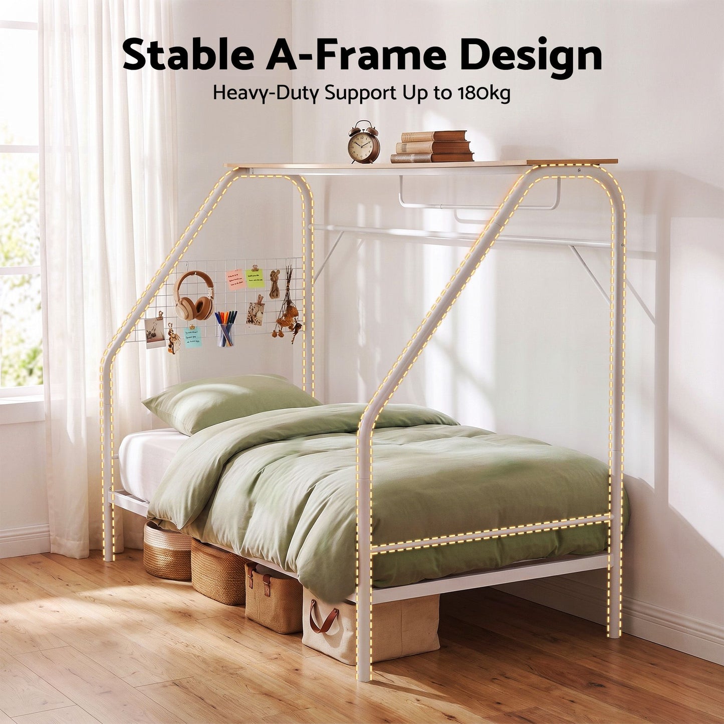 Evren House Kids Bed Frame Metal Canopy Bed Storage Shelf - White Single