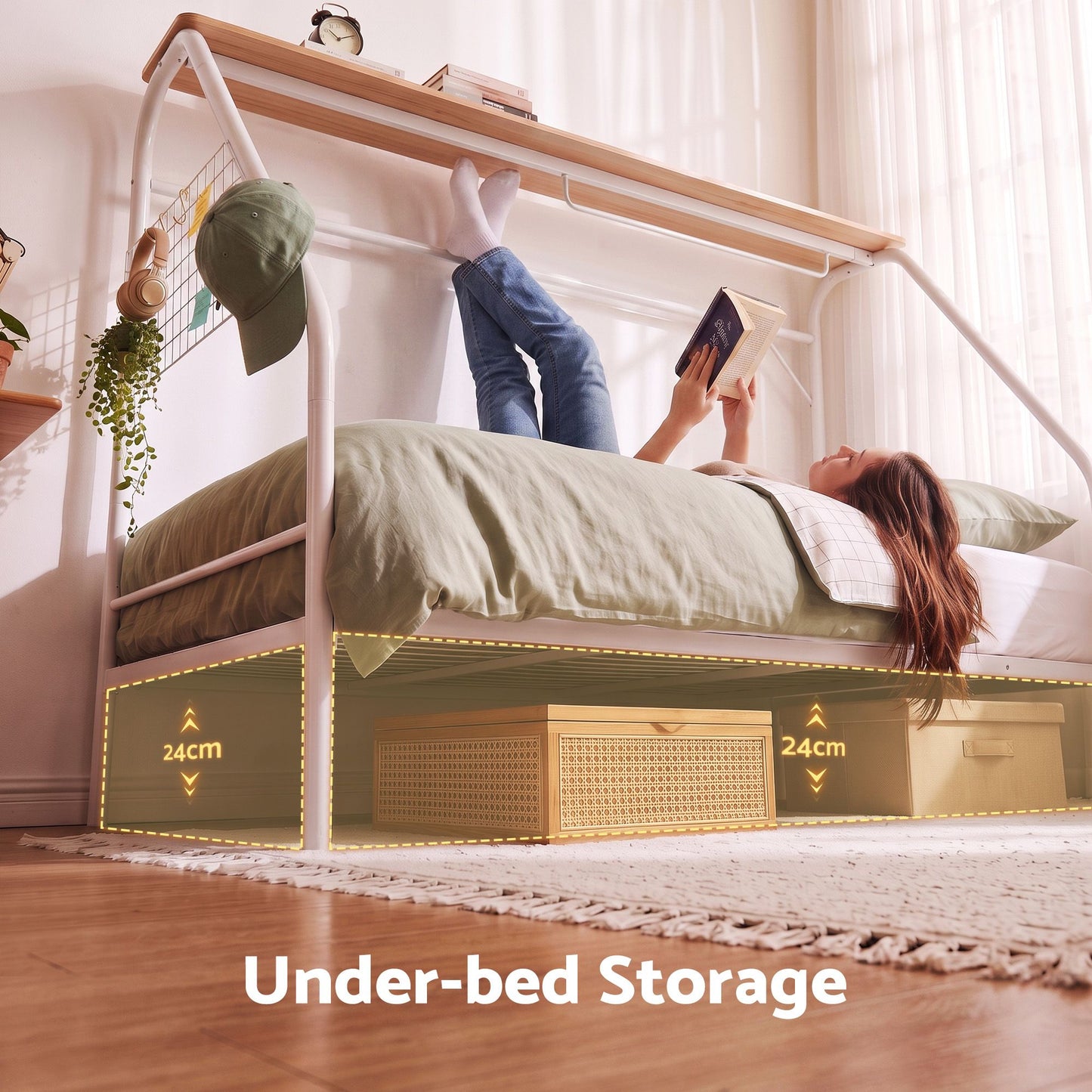Evren House Kids Bed Frame Metal Canopy Bed Storage Shelf - White Single