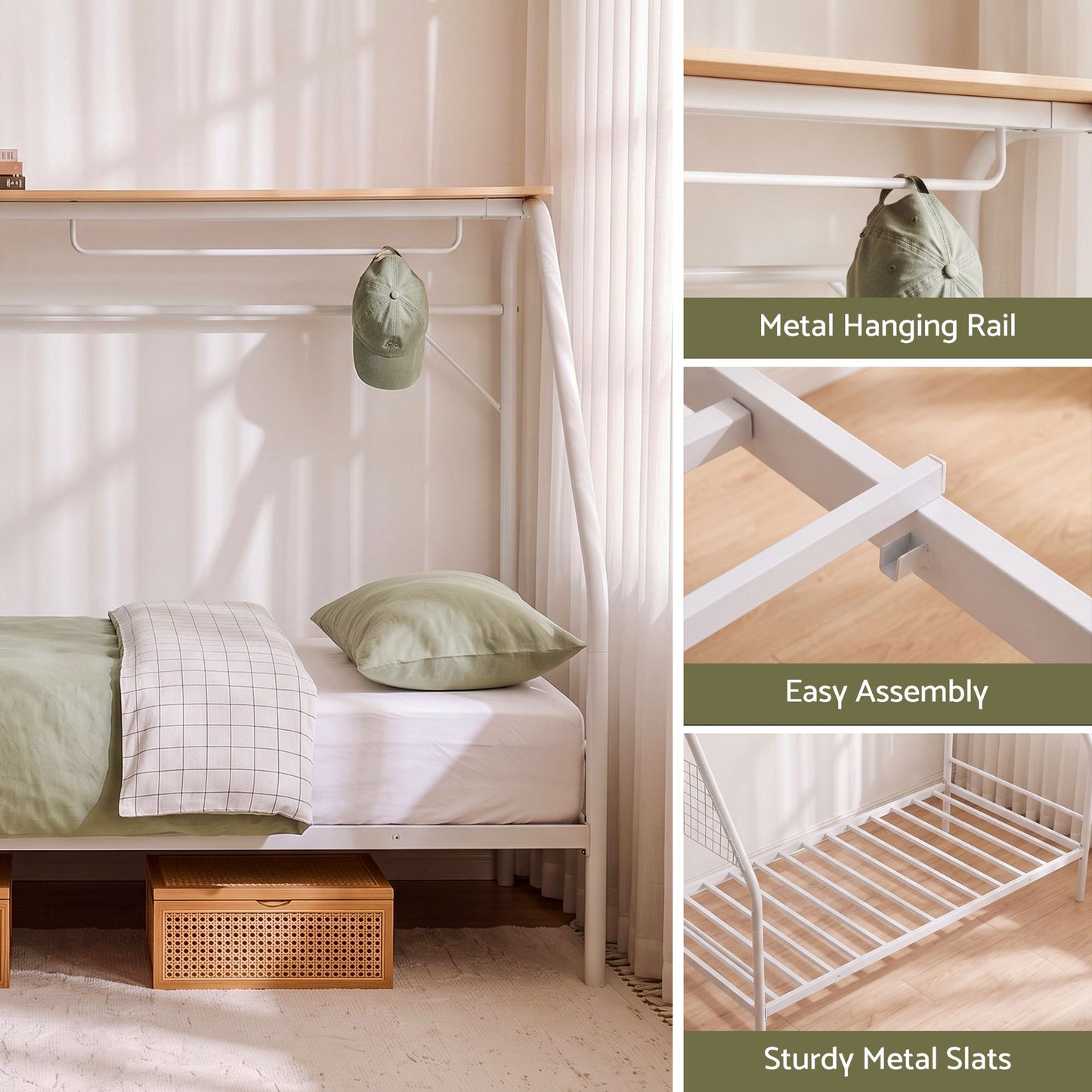 Evren House Kids Bed Frame Metal Canopy Bed Storage Shelf - White Single