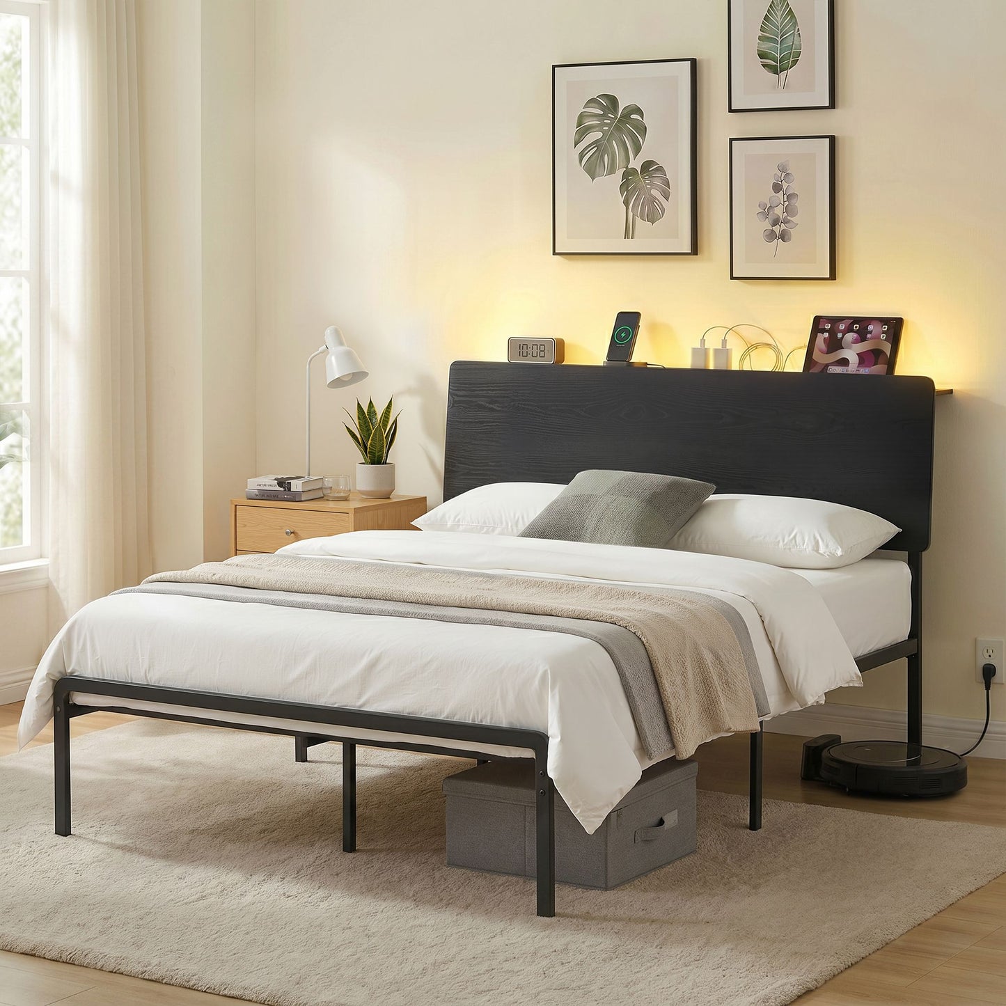Rome Bed Frame LED Metal Bed Base with Charging Station - Black Queen