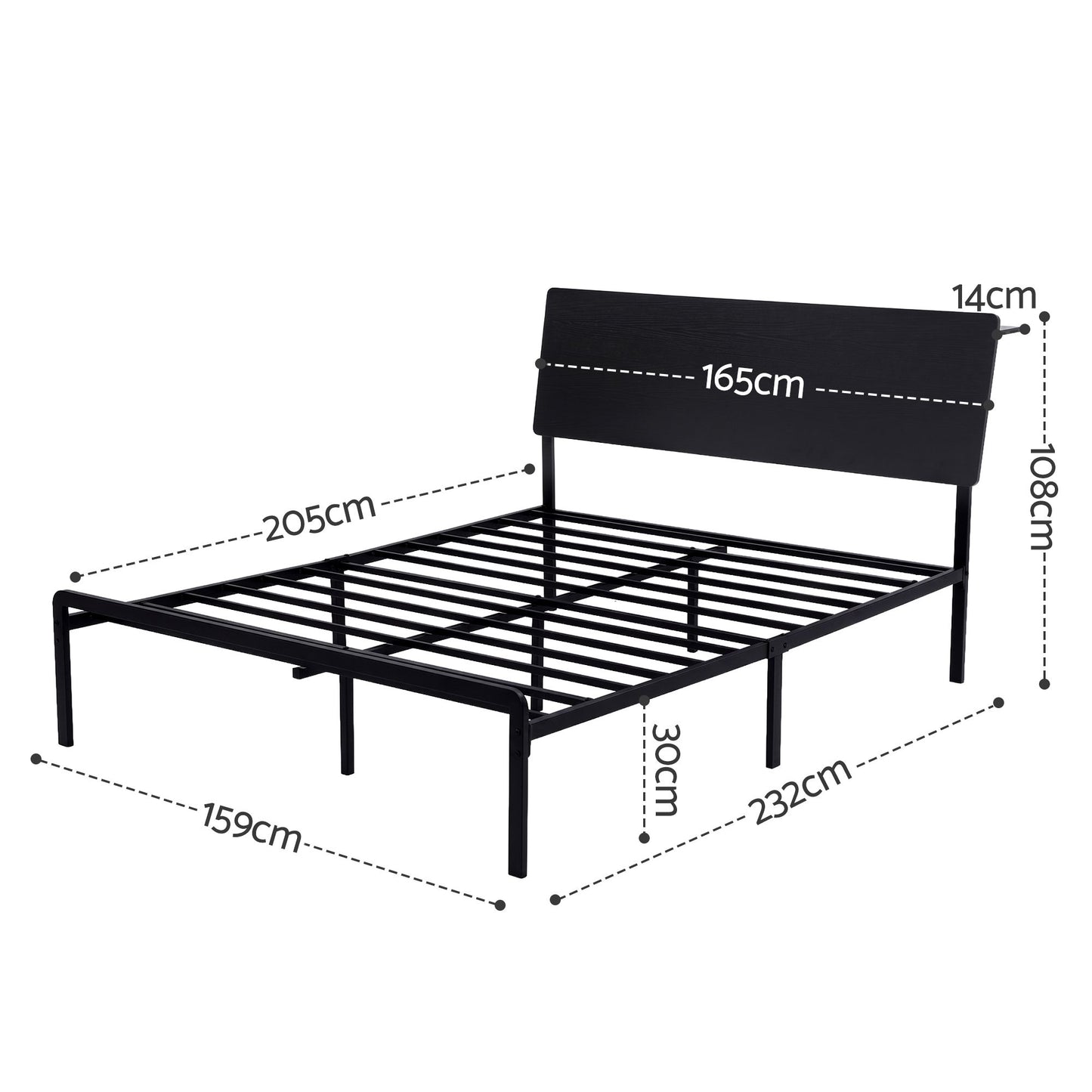 Rome Bed Frame LED Metal Bed Base with Charging Station - Black Queen