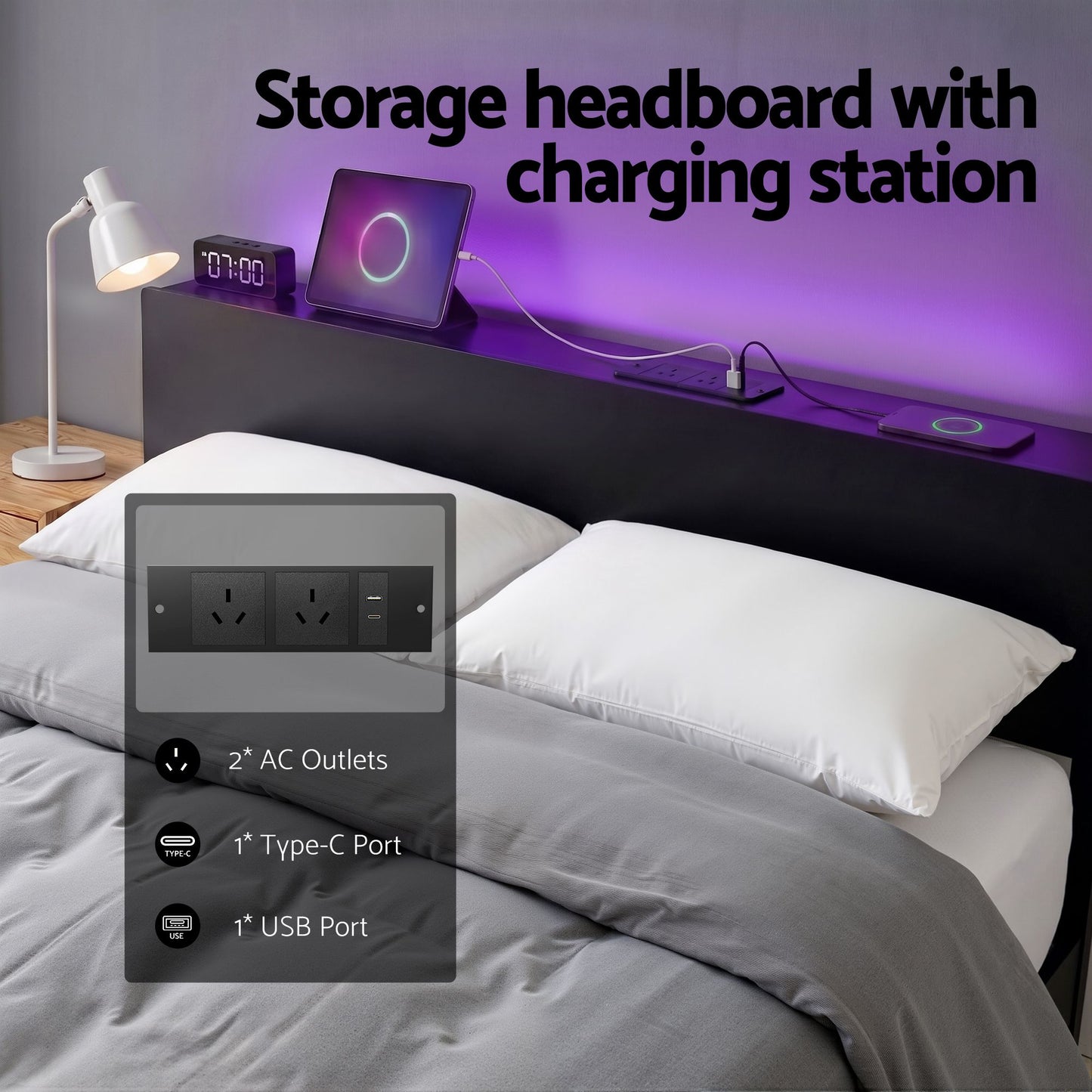 Rome Bed Frame LED Metal Bed Base with Charging Station - Black Queen