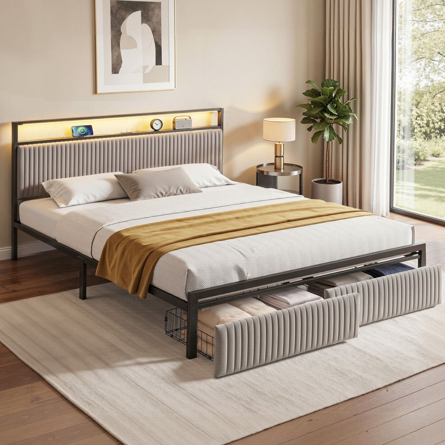 Helena Metal Bed Frame LED Charging Station 2 Drawers - Black King