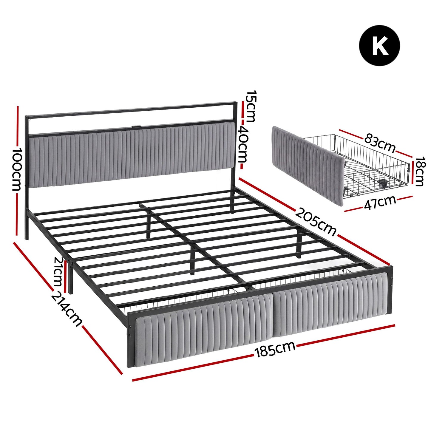 Helena Metal Bed Frame LED Charging Station 2 Drawers - Black King
