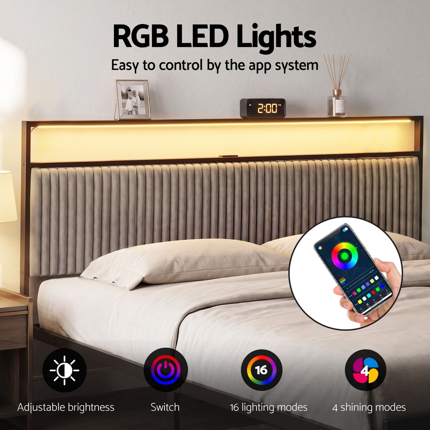 Helena Metal Bed Frame LED Charging Station 2 Drawers - Black King
