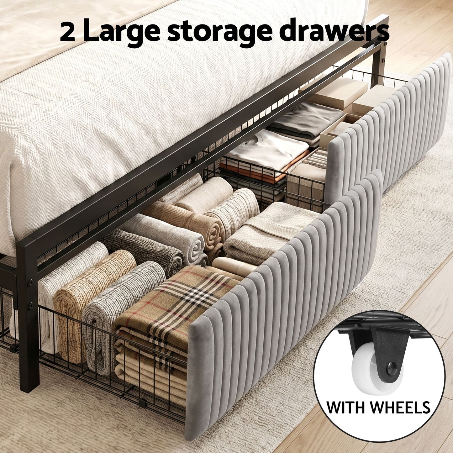 Helena Metal Bed Frame LED Charging Station 2 Drawers - Black King