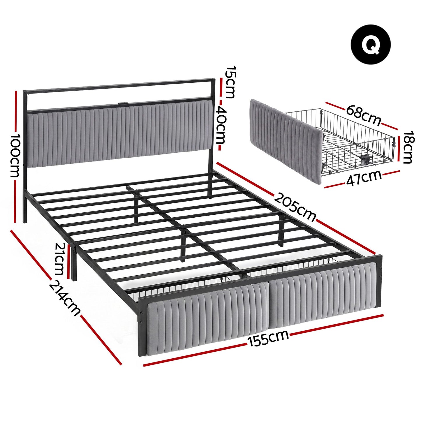 Helena Metal Bed Frame LED Charging Station 2 Drawers - Black Queen
