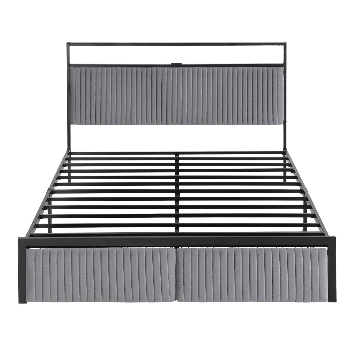 Helena Metal Bed Frame LED Charging Station 2 Drawers - Black Queen