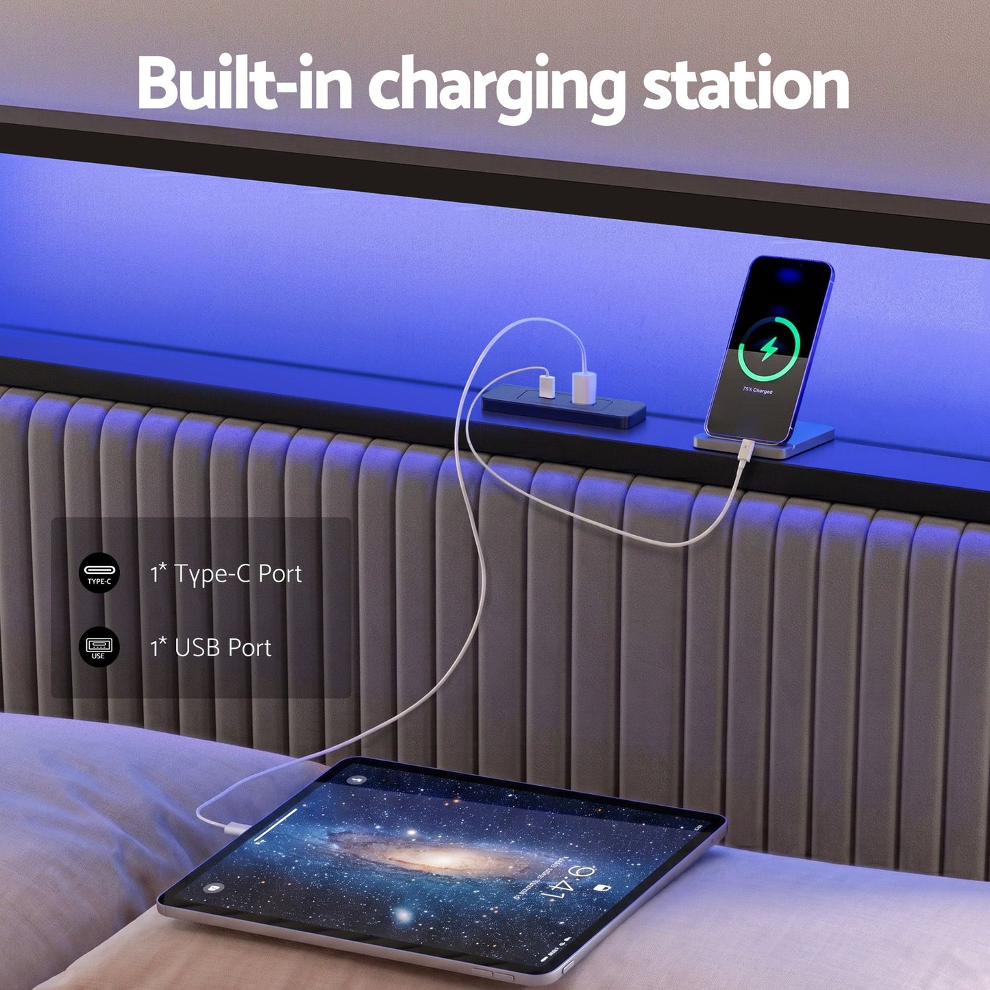 Helena Metal Bed Frame LED Charging Station 2 Drawers - Black Queen