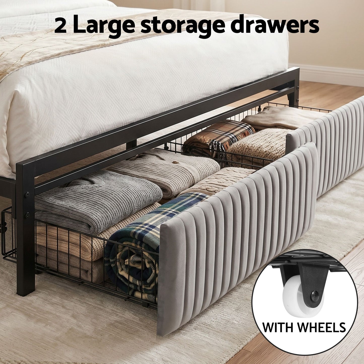 Helena Metal Bed Frame LED Charging Station 2 Drawers - Black Queen