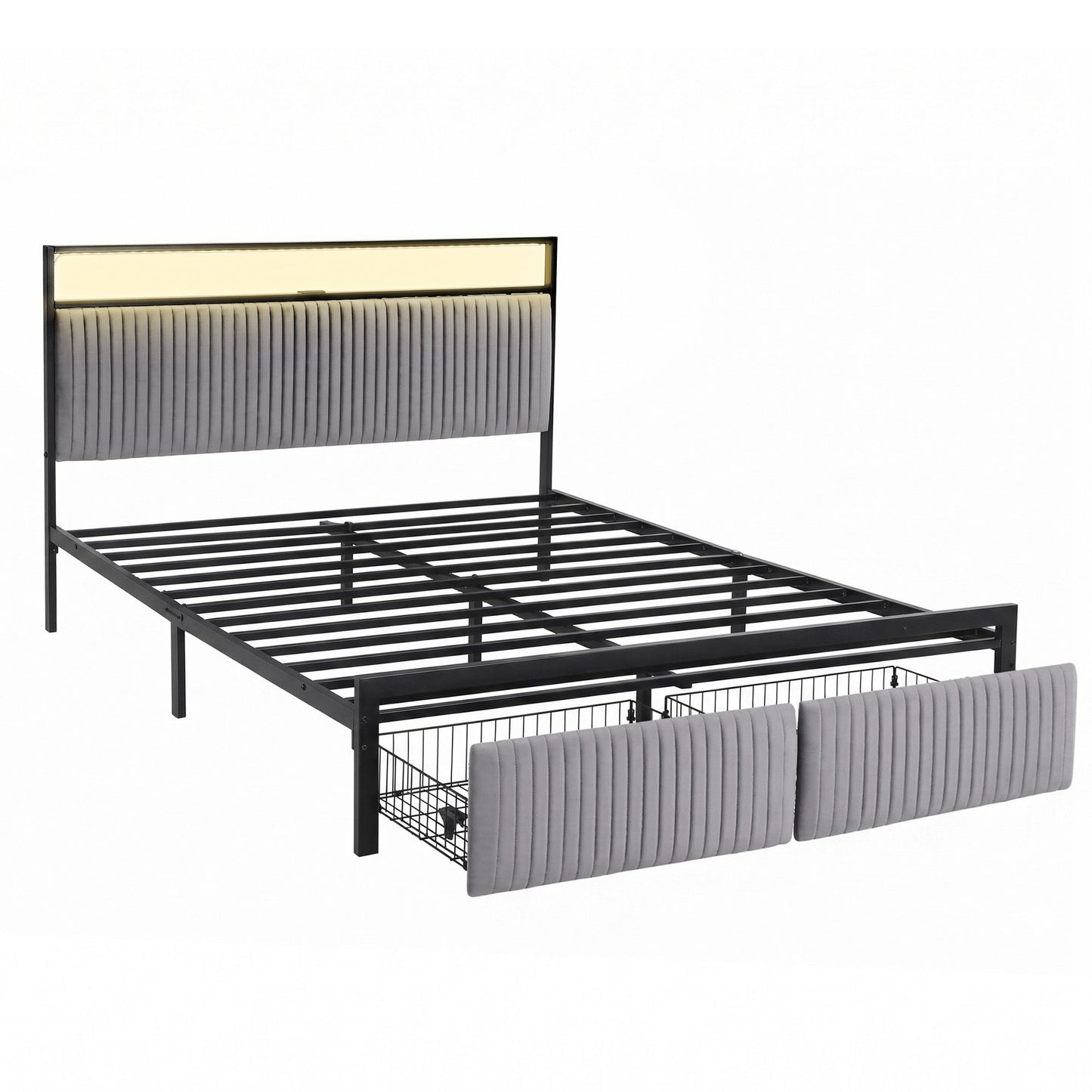 Helena Metal Bed Frame LED Charging Station 2 Drawers - Black Queen