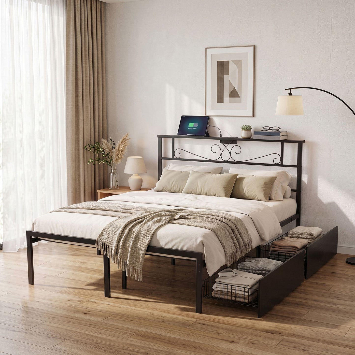 Vitoo Bed Frame with Charging Station & Storage Drawers Metal - Black Double