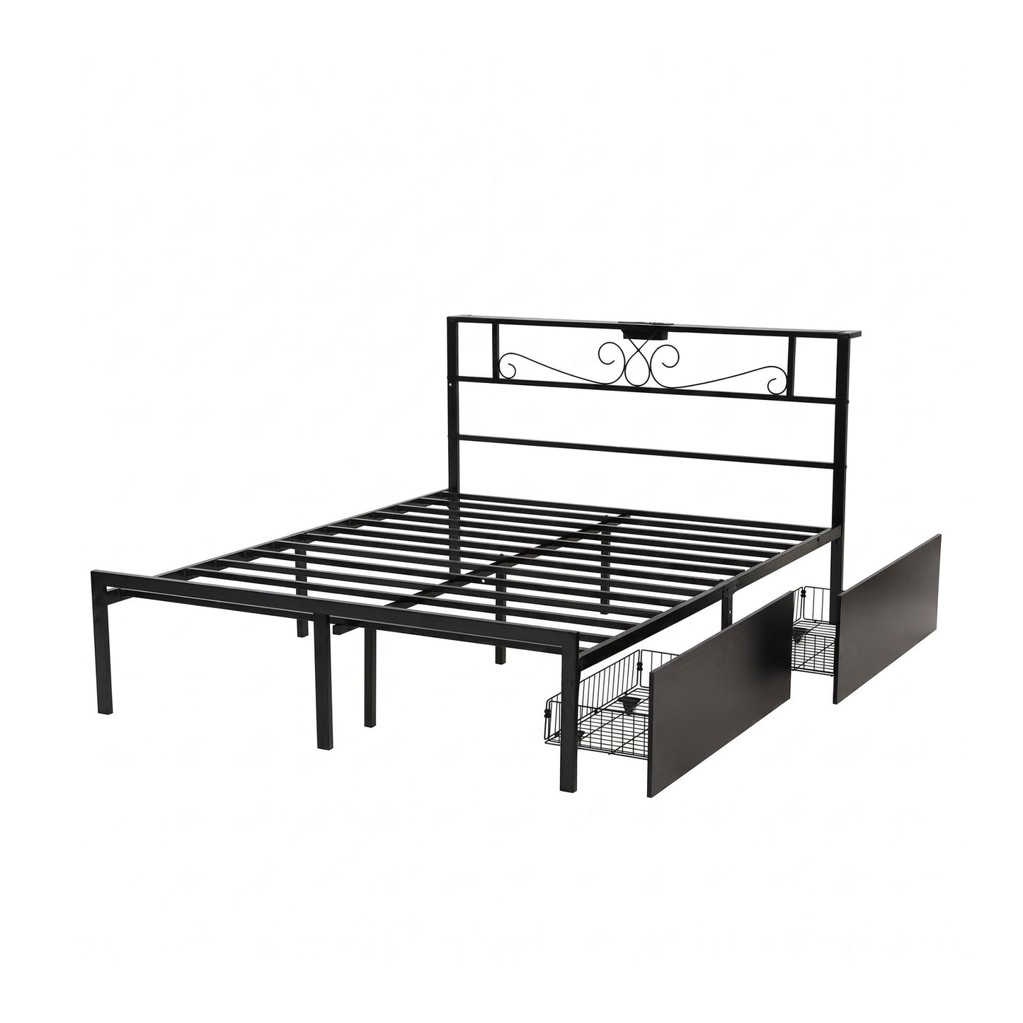 Vitoo Bed Frame with Charging Station & Storage Drawers Metal - Black Double