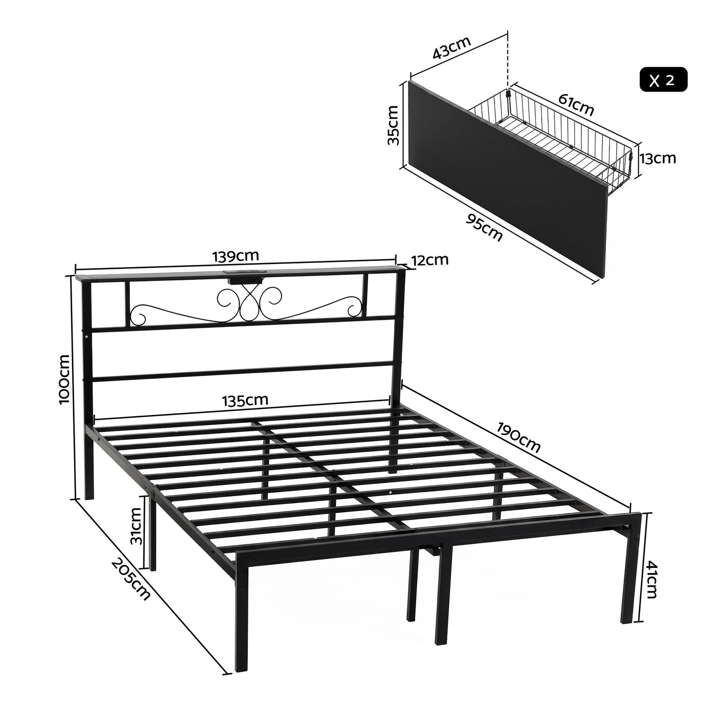 Vitoo Bed Frame with Charging Station & Storage Drawers Metal - Black Double
