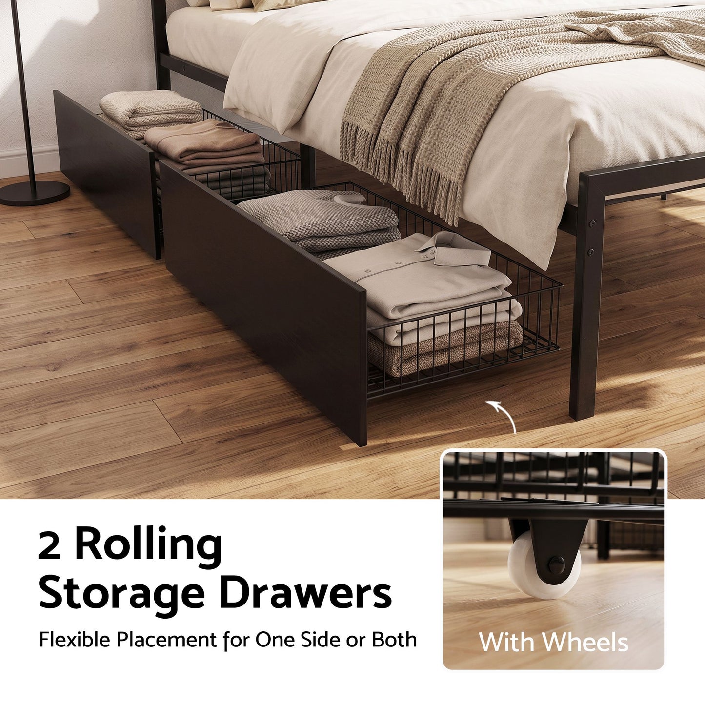 Vitoo Bed Frame with Charging Station & Storage Drawers Metal - Black Double