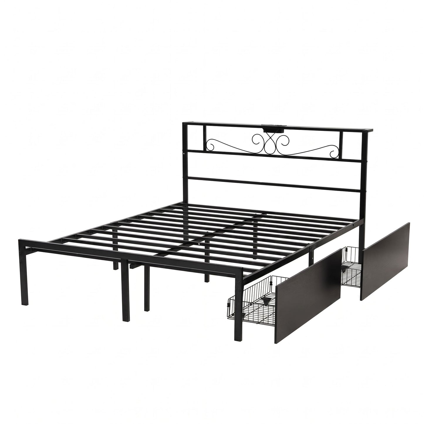 Vitoo Bed Frame with Charging Station & Storage Drawers Metal - Black Queen