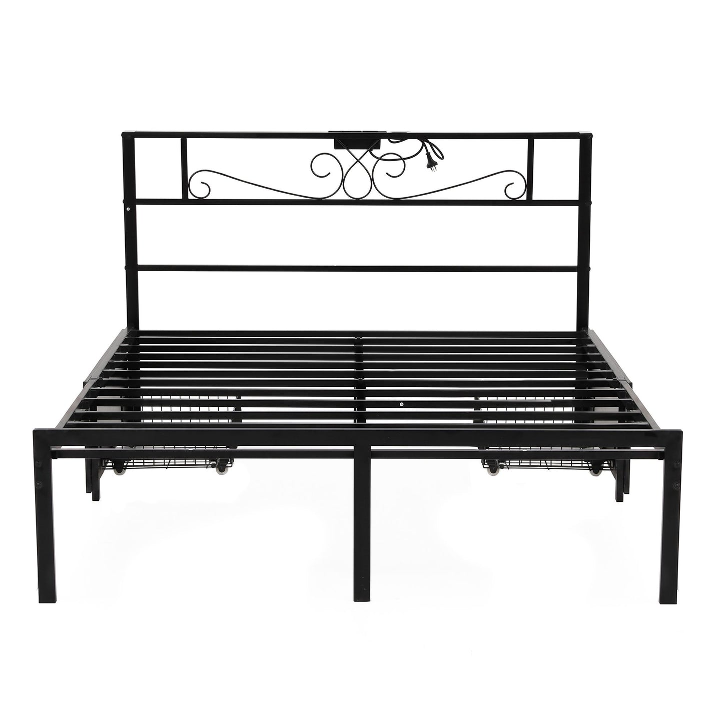 Vitoo Bed Frame with Charging Station & Storage Drawers Metal - Black Queen