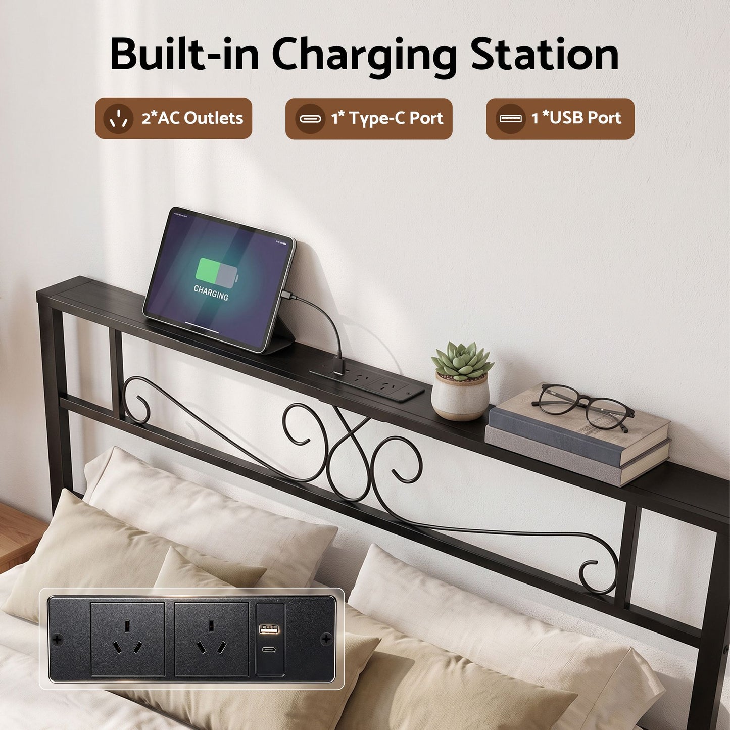 Vitoo Bed Frame with Charging Station & Storage Drawers Metal - Black Queen