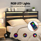 Dreamora Bed Frame LED Metal Bed Base with Charging Station - Black Double