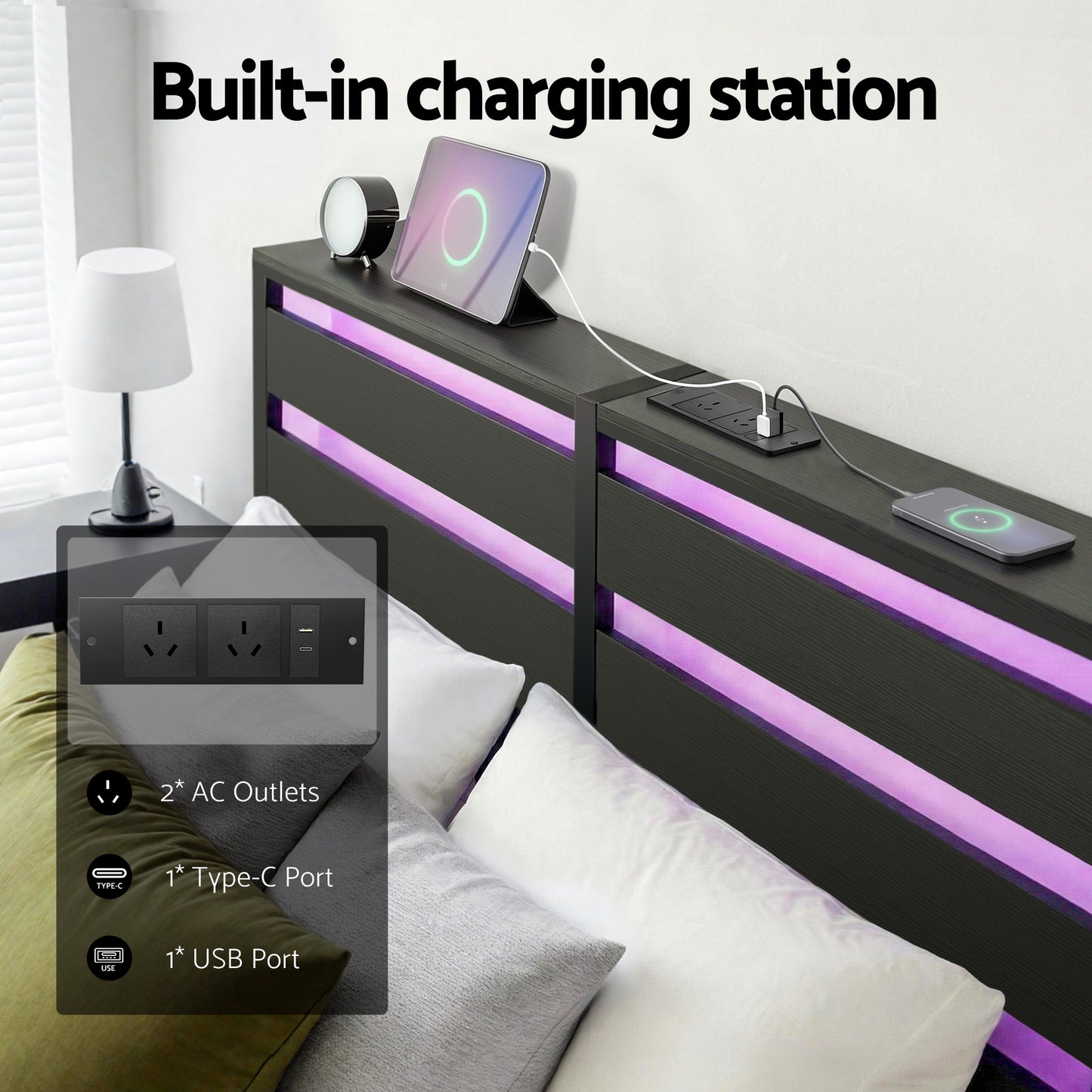 Dreamora Bed Frame LED Metal Bed Base with Charging Station - Black Double
