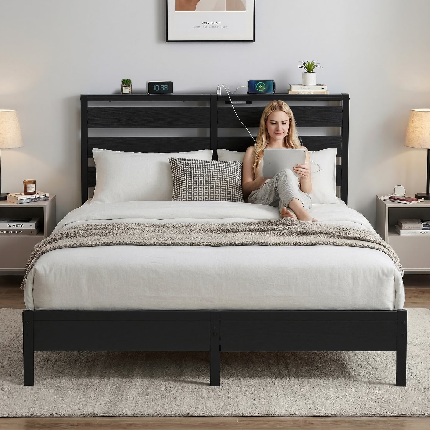 Dreamora Bed Frame LED Metal Bed Base with Charging Station - Black Double