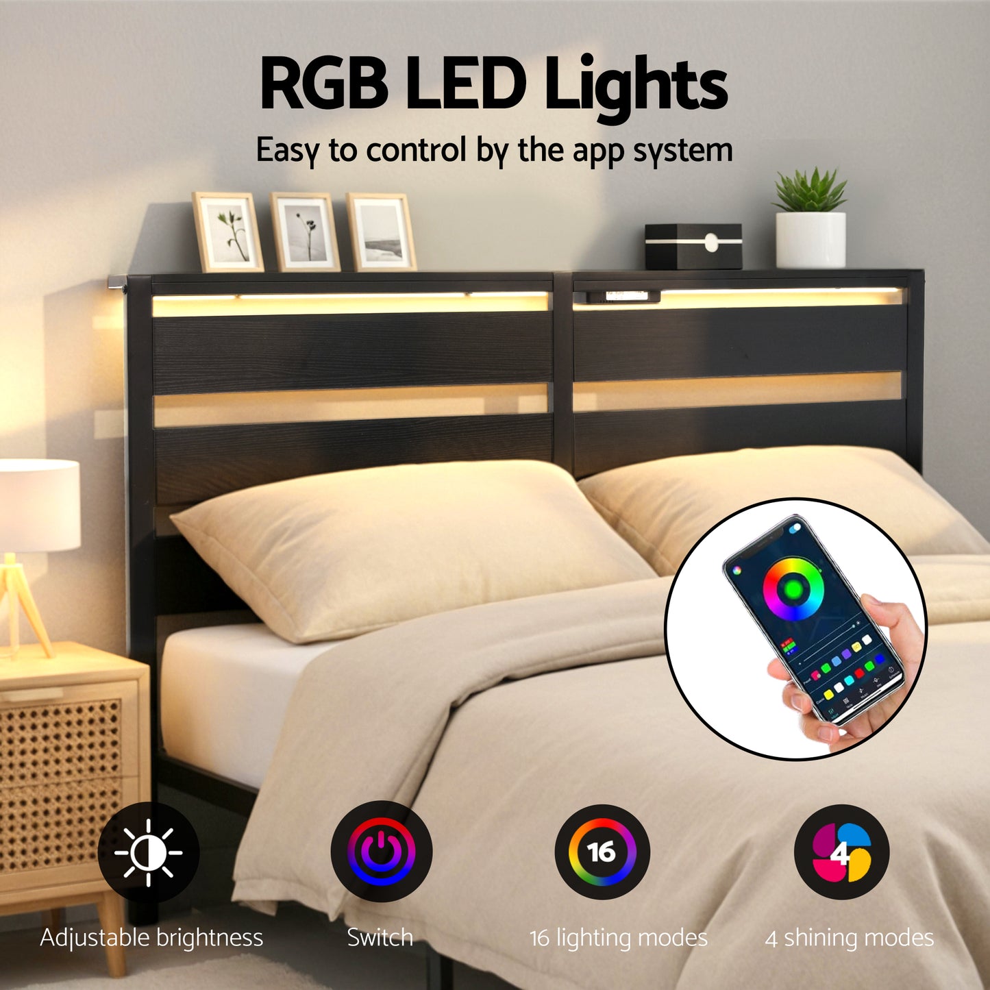 Dreamora Bed Frame LED Metal Bed Base with Charging Station - Black Queen