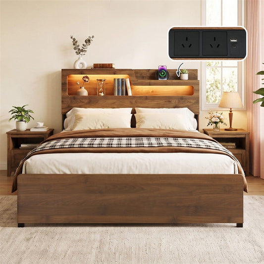 Ayla Bed Frame Metal with Charging Station LED Light Storage Shelf - Oak Double
