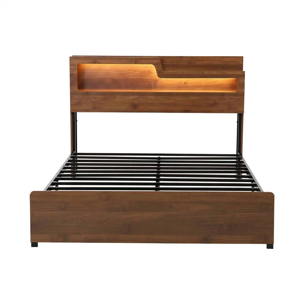 Ayla Bed Frame Metal with Charging Station LED Light Storage Shelf - Oak Double