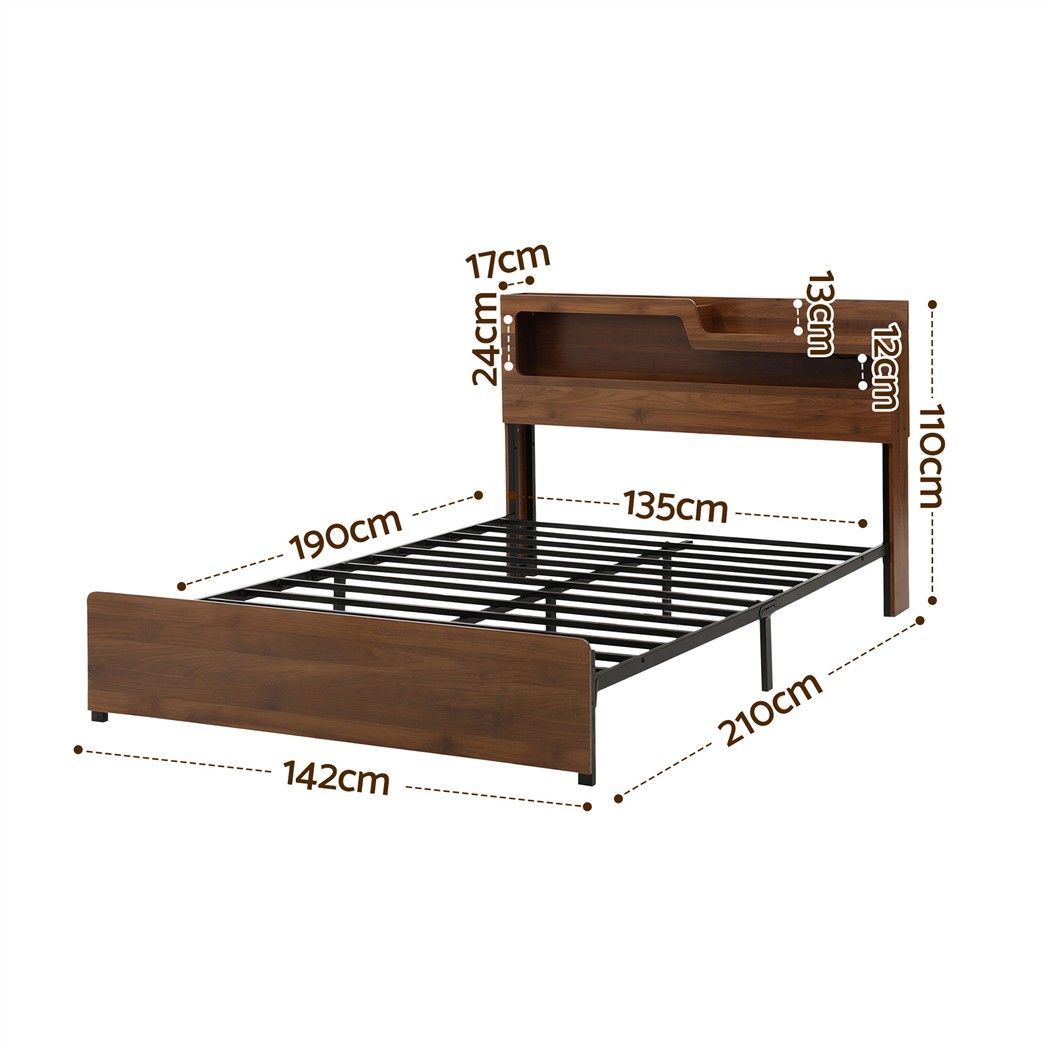 Ayla Bed Frame Metal with Charging Station LED Light Storage Shelf - Oak Double