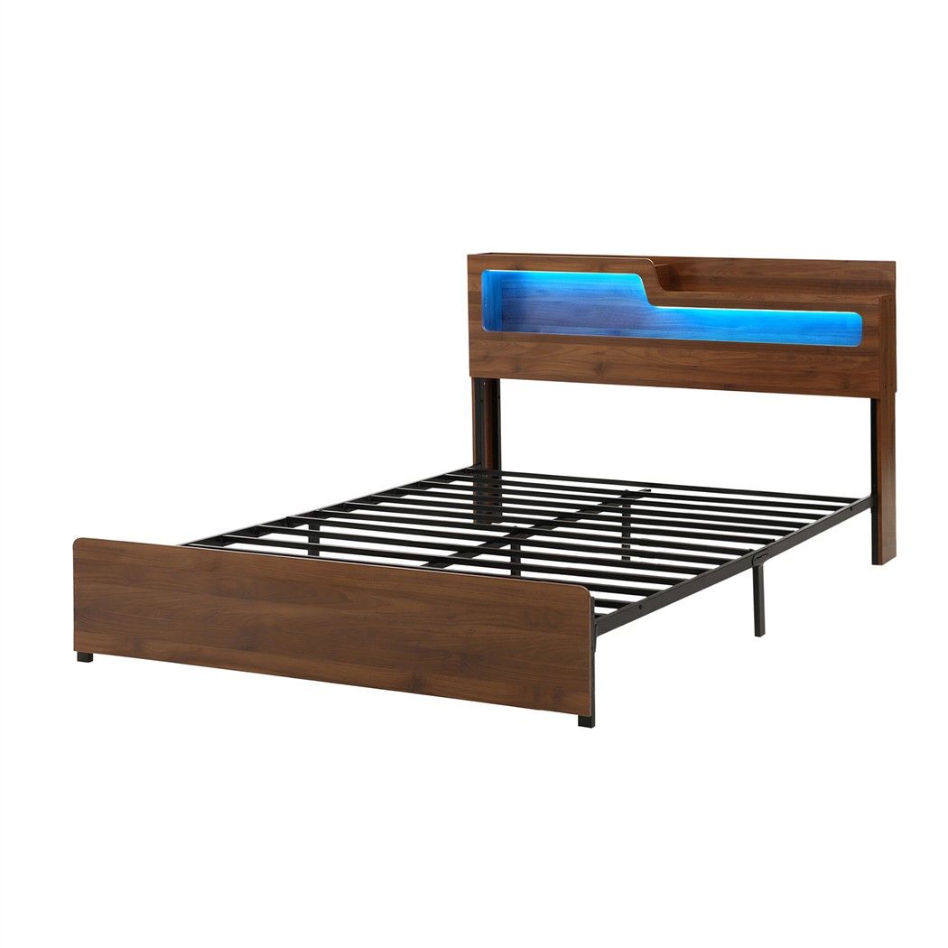 Ayla Bed Frame Metal with Charging Station LED Light Storage Shelf - Oak Double