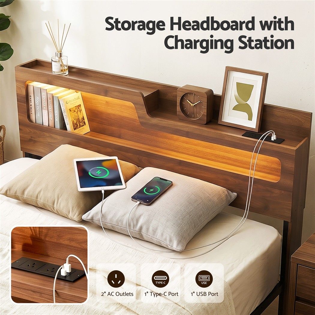 Ayla Bed Frame Metal with Charging Station LED Light Storage Shelf - Oak Double
